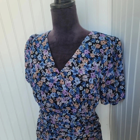 Allison & Kelly Dress Womens Blue Floral Short Slv Keyhole Mesh Rutched Ruffle M - Picture 15 of 16